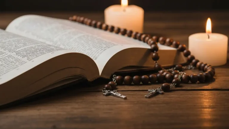 Otwarta Biblia i różaniec na drewnianym stole - symbol modlitwy Skład Apostolski