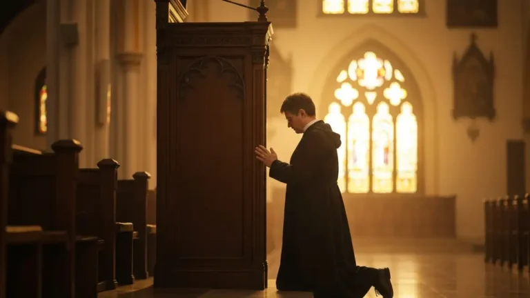 Penitent klęczący przy konfesjonale w kościele katolickim, ciepłe światło witraży