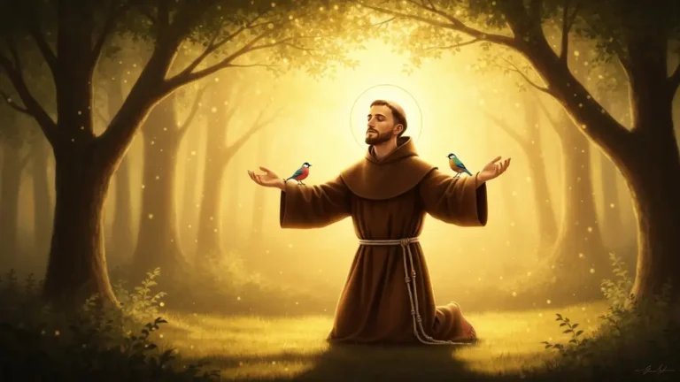 Swiety Franciszek z Asyzu w brązowym habicie franciszkanskim modlący się wśród przyrody