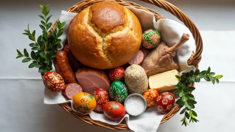 Koszyczek wielkanocny z tradycyjnymi pokarmami - chleb, jajka, kielbasa, chrzan i baranek na bialym obrusie