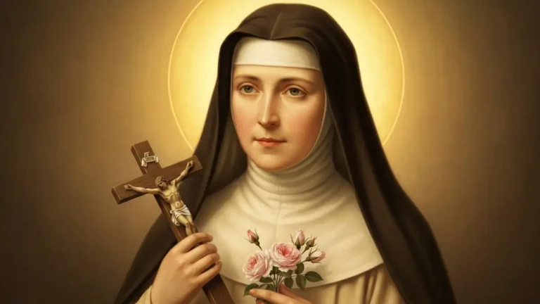 Święta Teresa od Dzieciątka Jezus trzymająca różę i krzyż, portret w stylu klasycznego malarstwa religijnego