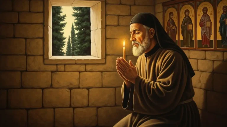 Święty Charbel Makhlouf - portret mnicha maronickiego w czarnym habicie na tle libańskich cedrów