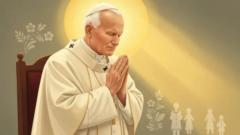 Swiety Jan Pawel II podczas pielgrzymki apostolskiej, papiez Polak w bialych szatach na tle nieba