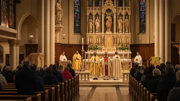 Trzech Króli 6 stycznia - procesja Objawienia Pańskiego w kościele katolickim ze świecami i złotymi elementami liturgicznymi
