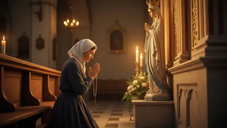 Wierna kobieta trzymająca różaniec i modląca się przed figurą Maryi w kościele katolickim